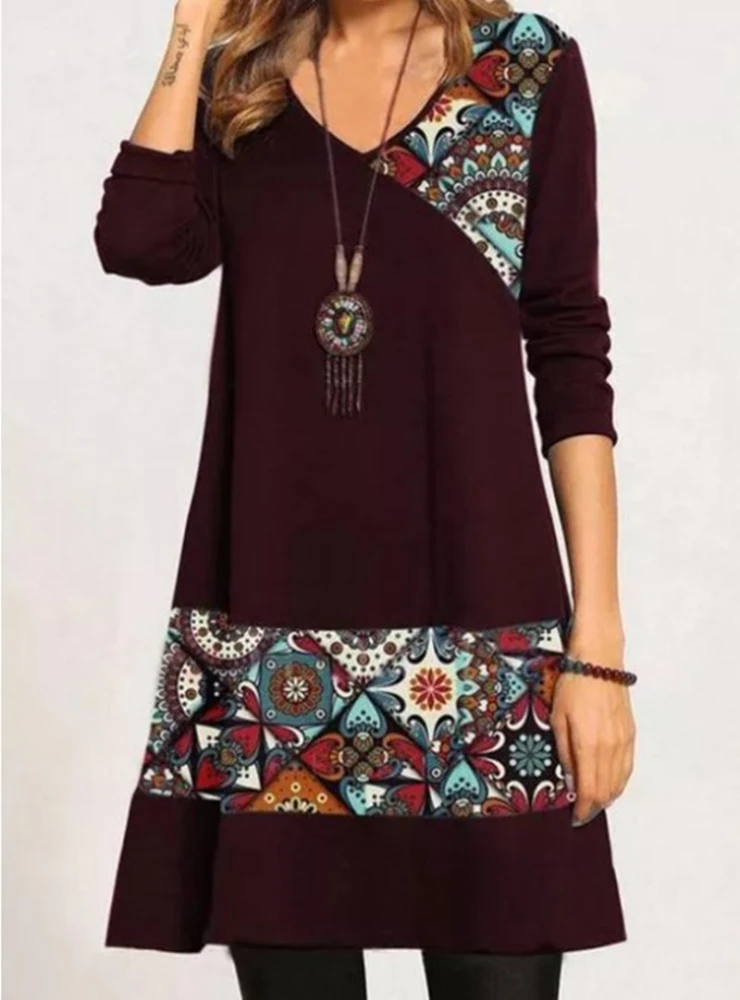 Irregular Stitching Printed V-neck Long Sleeve Dress