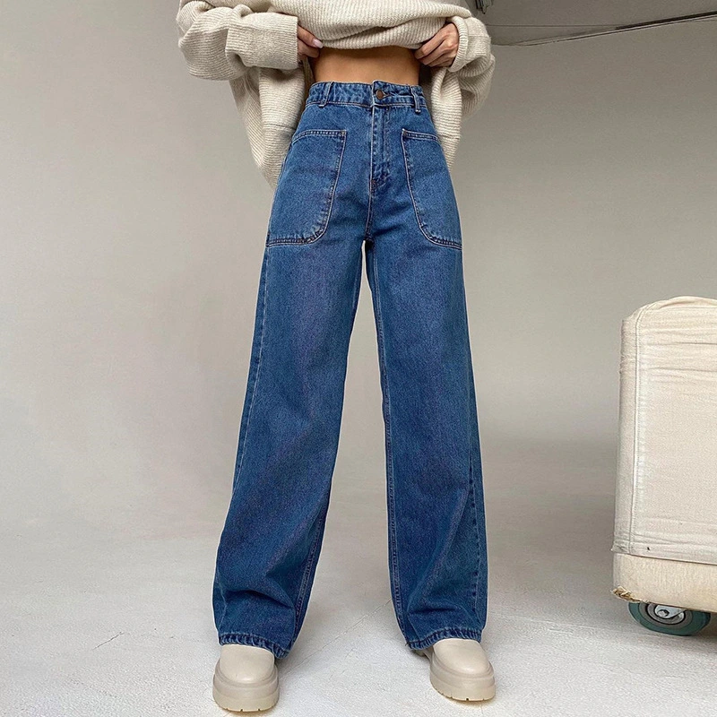 High Waist Bag Hip Wide Leg Casual Pants Trend Patch Pocket Straight-Leg Jeans