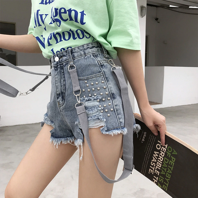 Ripped suspenders jean shorts