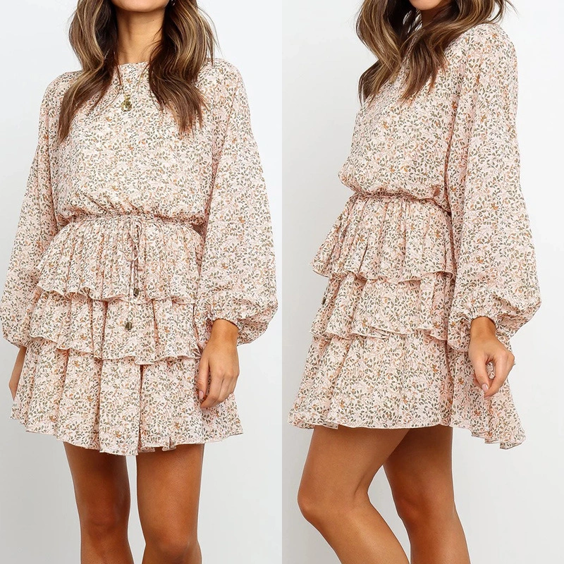 Women's Fashion Classic Round Neck Print Autumn And Winter Dress Floral Cake Skirt