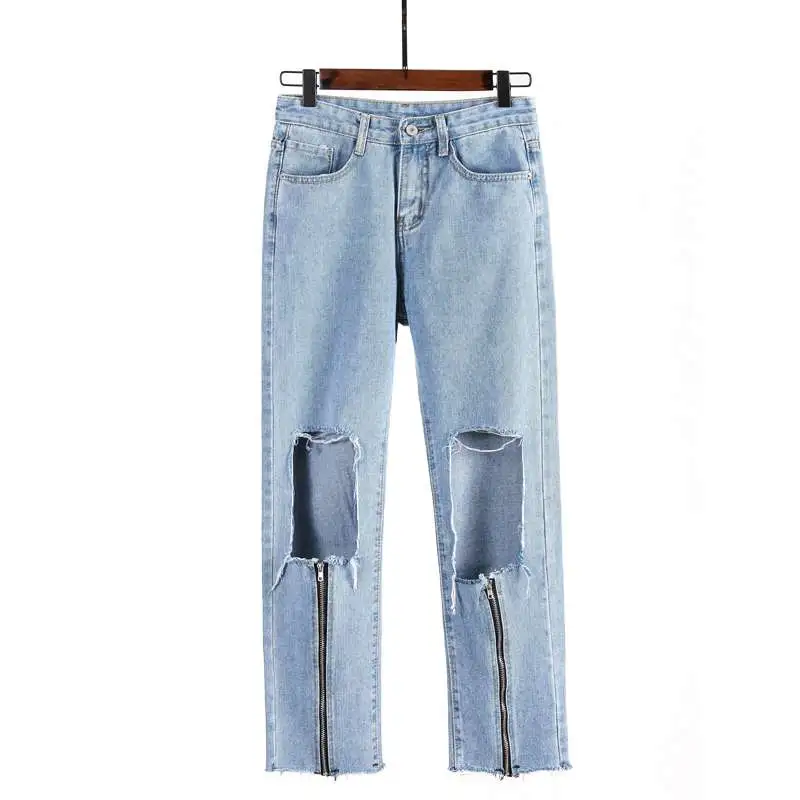 Streetwear Fake Zippers Loose Straight Jeans Woman With Holes Ankle Length Denim Pants