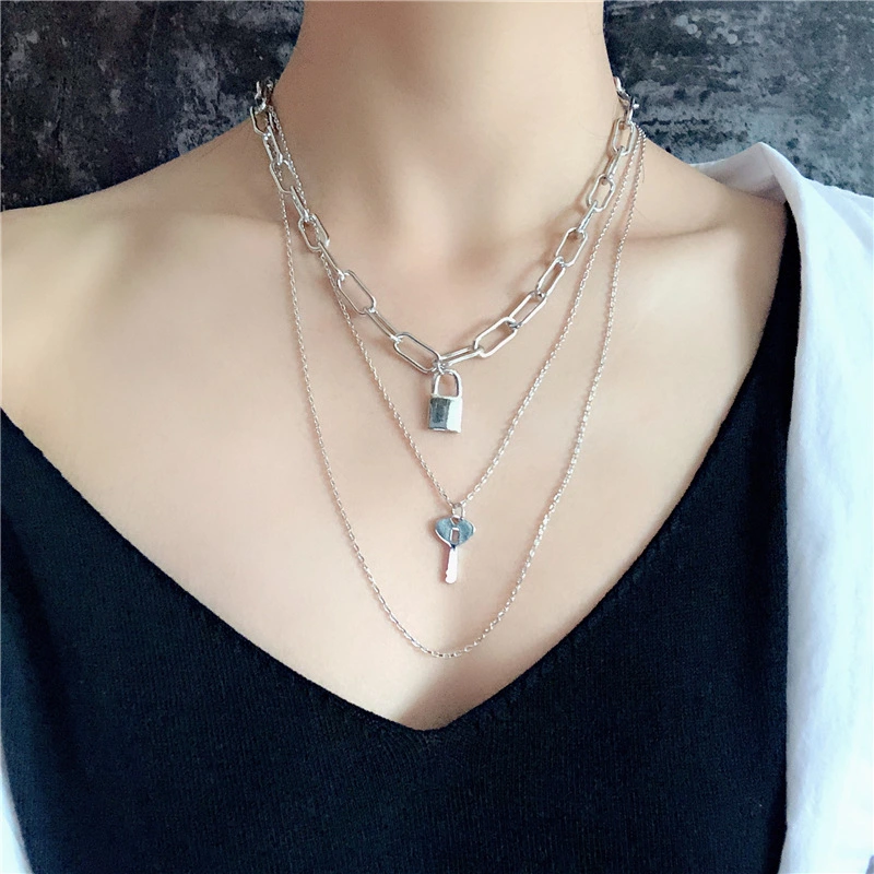 Key lock multi-layer necklace collarbone choker