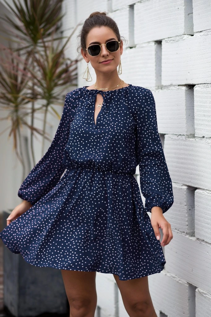 Fall New Style V-neck Tie Polka Dot Ladies Dress