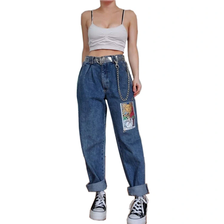 Women's loose printed blue trousers jeans