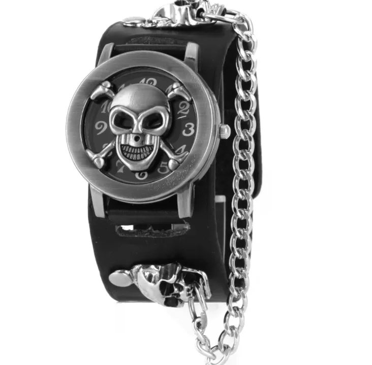 Skull watch with chain brown