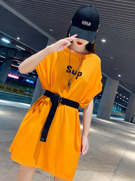 European goods large version 2021 orange loose beaded short sleeves long section bat sleeves missing clothes inst shirt female tide