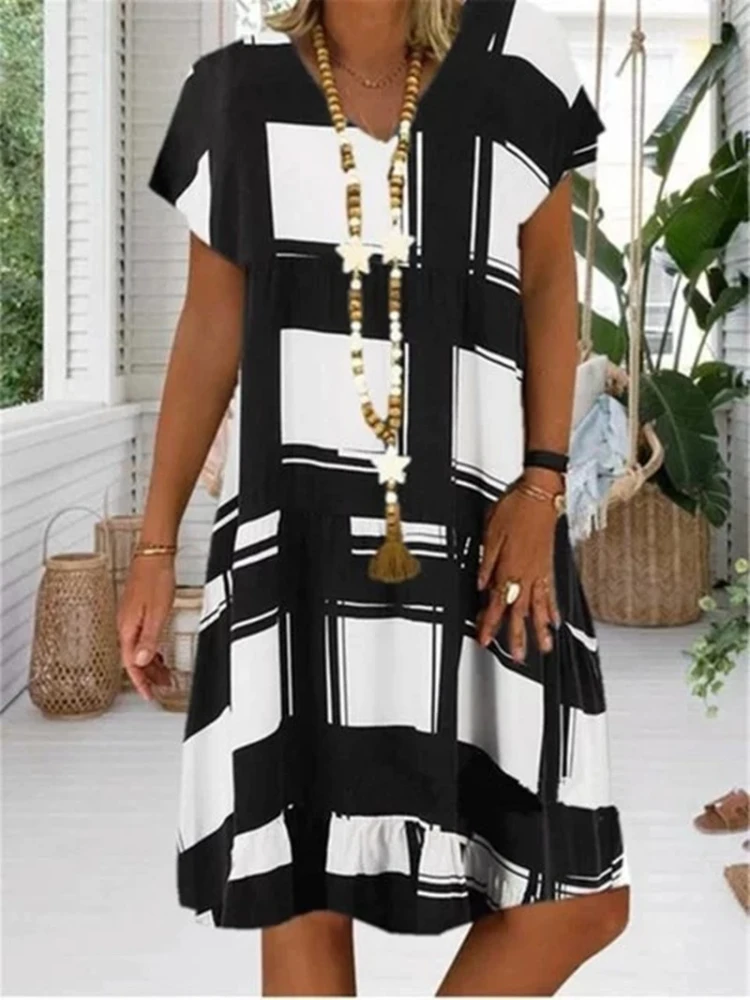 Short Sleeves With Sleeves Plaid Print Loose Long Skirt