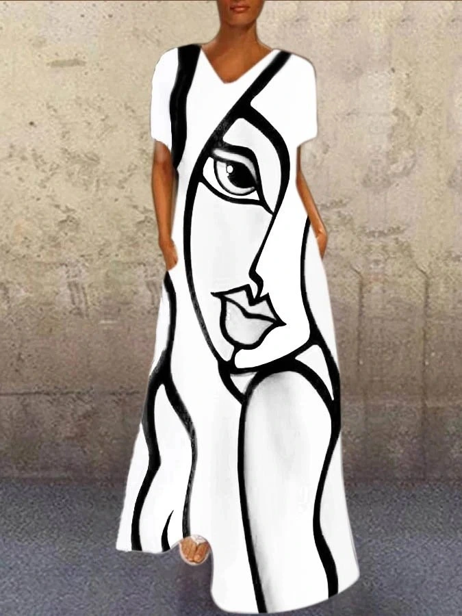 Short-sleeved Long Printed Multicolor Dress