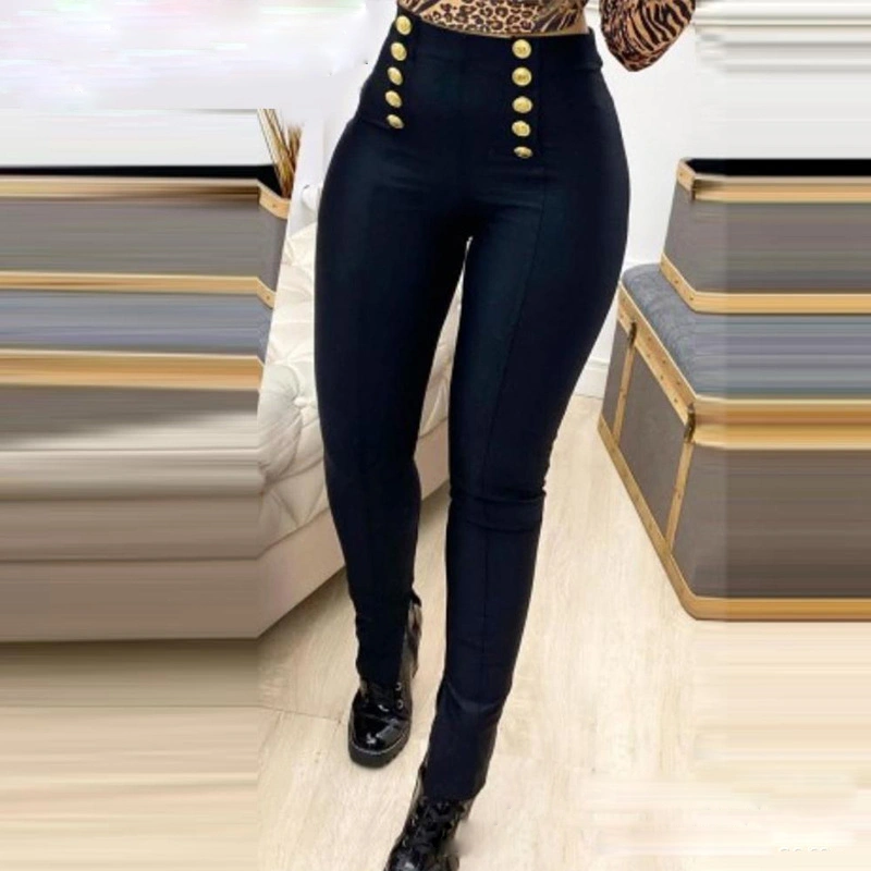 Button-Embellished High-Rise Skinny Trousers