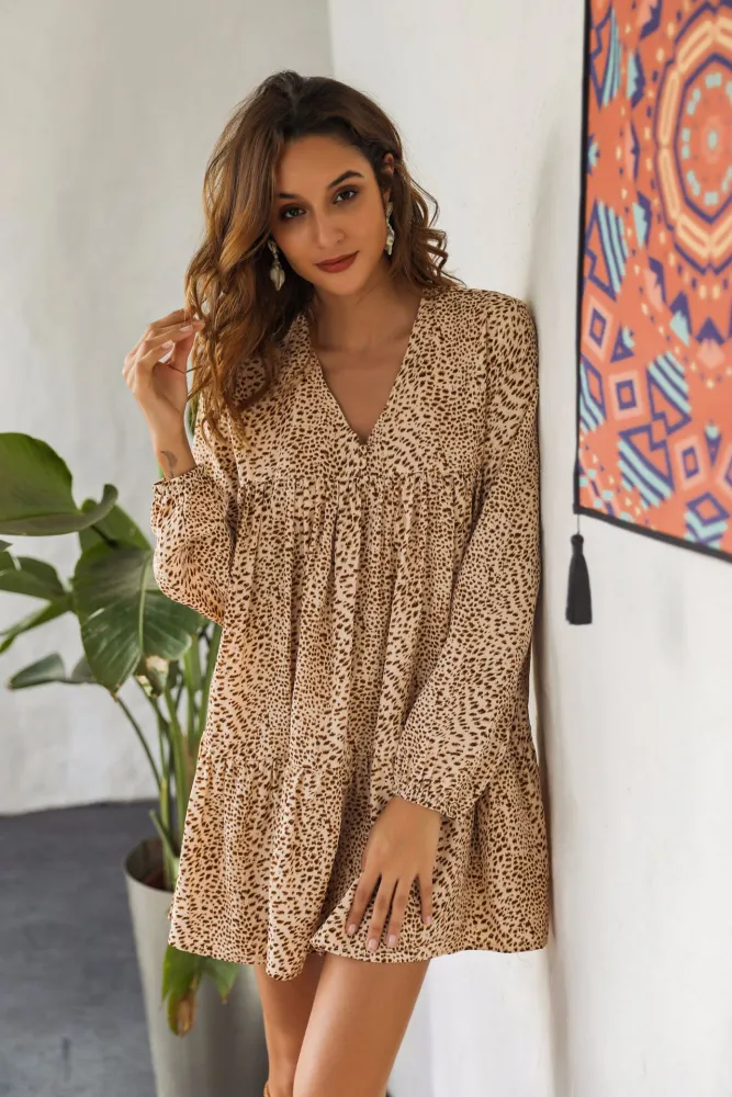 Leopard Print Long Sleeve V-neck Sexy Slim Women's Dress