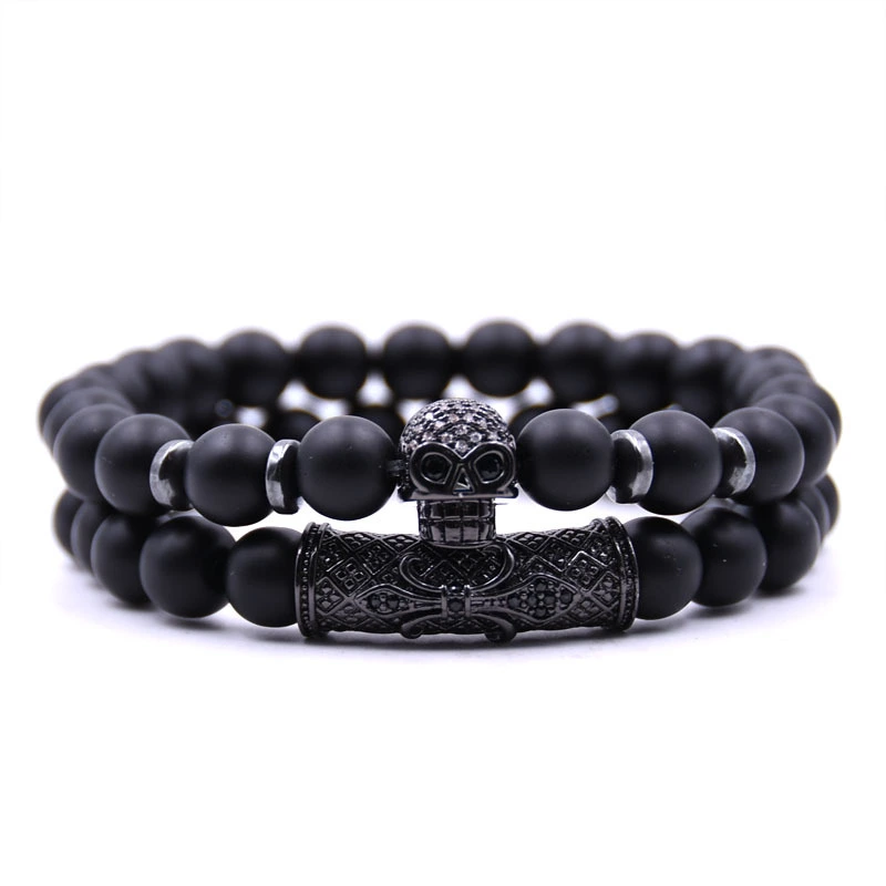 Black skull micro-inlaid zircon beaded bracelet