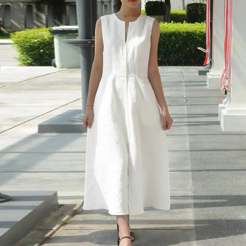 Explosive V-Neck Waistband Cotton And Linen Hem Slit Sleeveless Dress