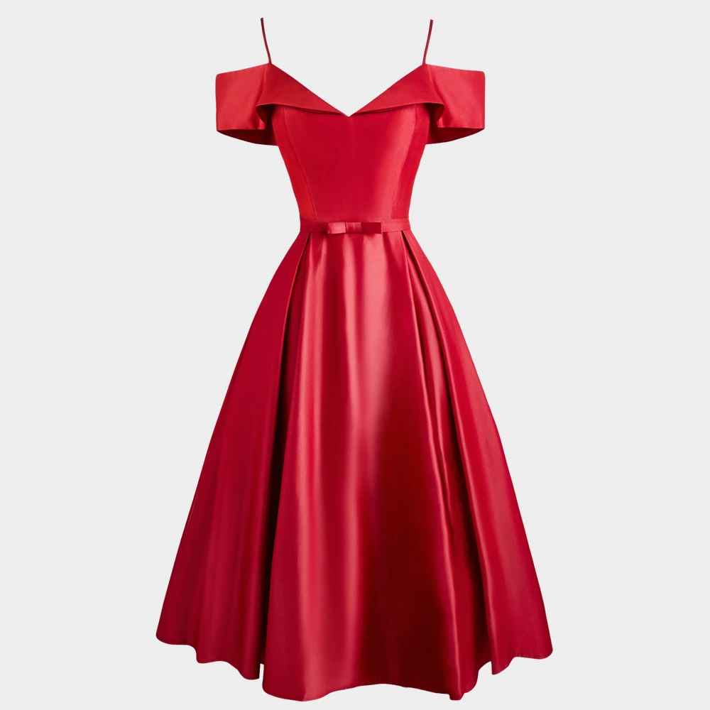 Hepburn style satin big swing skirt suspender retro dress