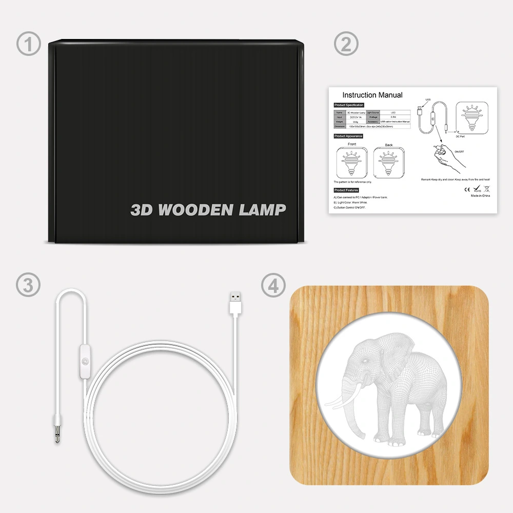 Creative elephant 3D pine bedside lamp night light