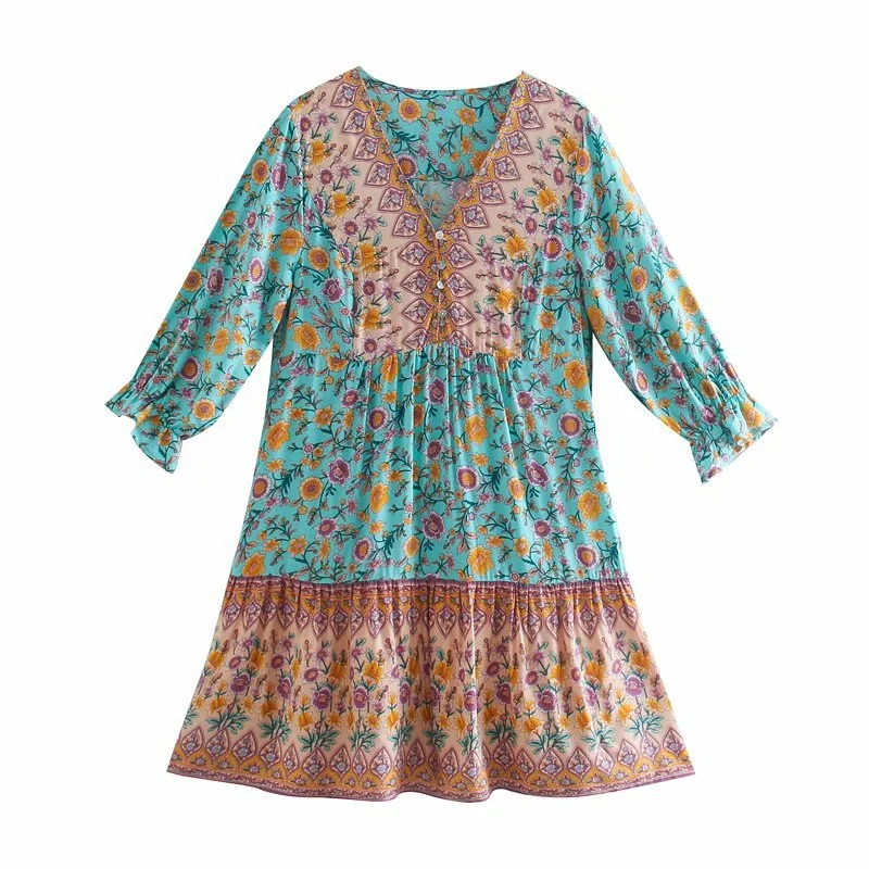 Loose V-Neck Positioning Print Mid-Sleeve Dress Short Skirt
