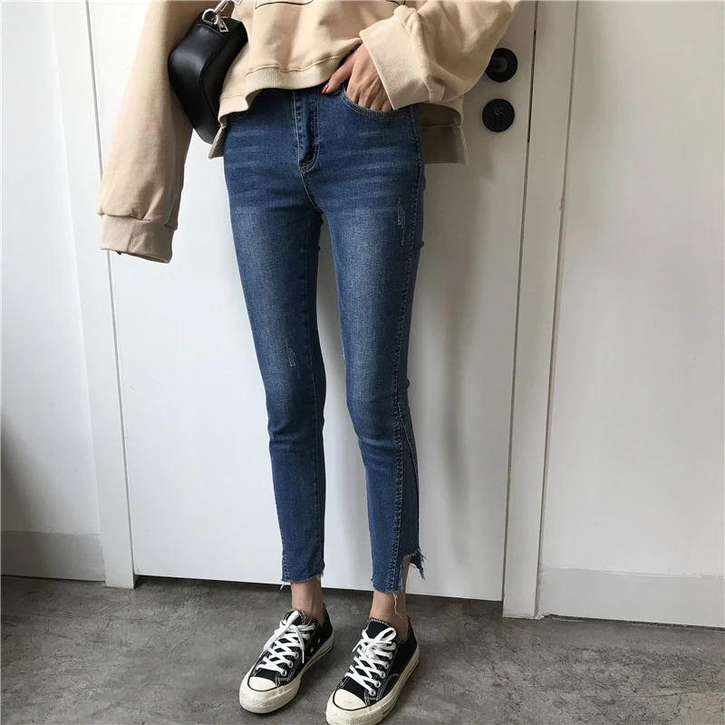 [Huang Zheng] autumn Korean wear white irregular trimless slim straight stretch ladies Denim Long pants K7202