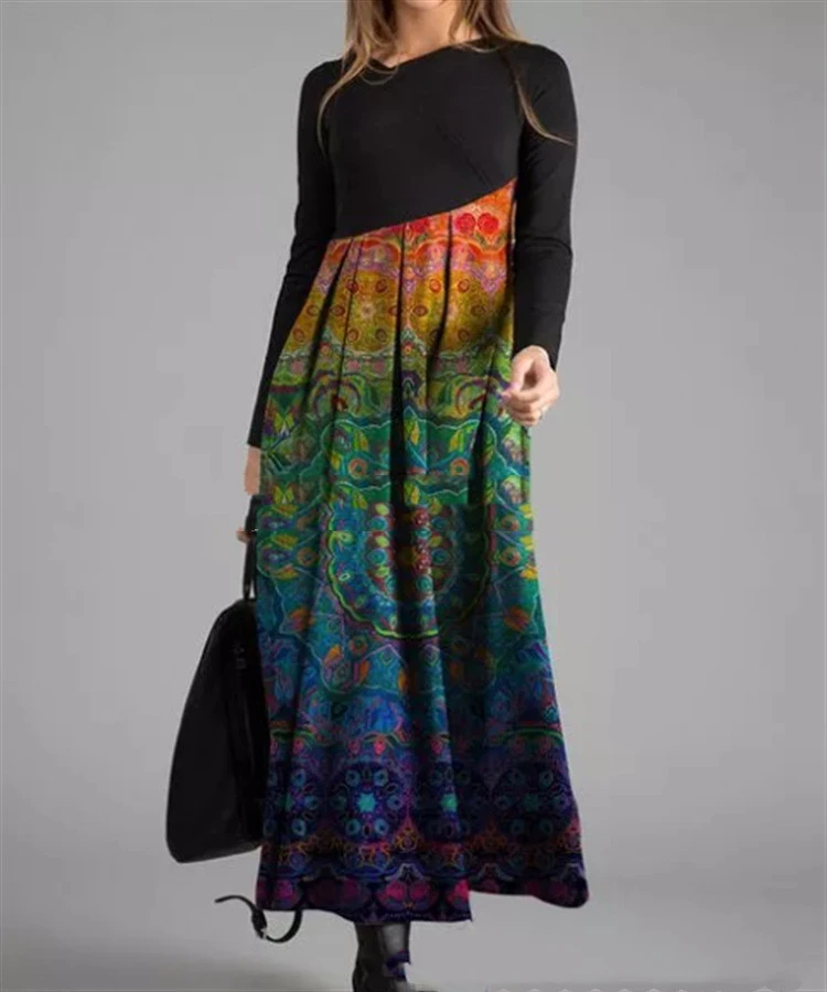 Women's Printed Long-Sleeved Temperament Slim Long Dress Women