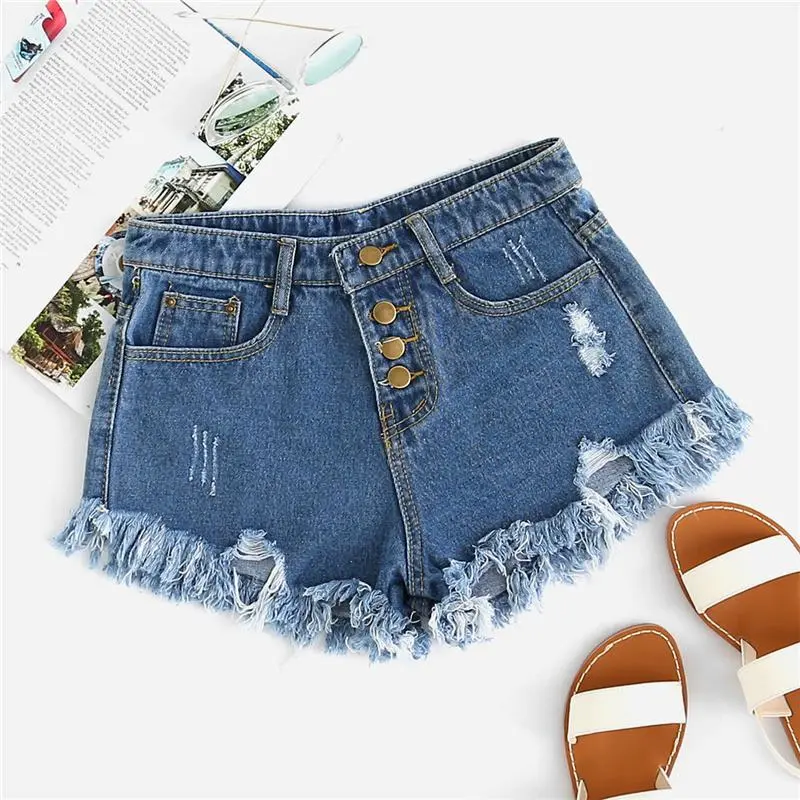 Blue Distressed Frayed Shorts