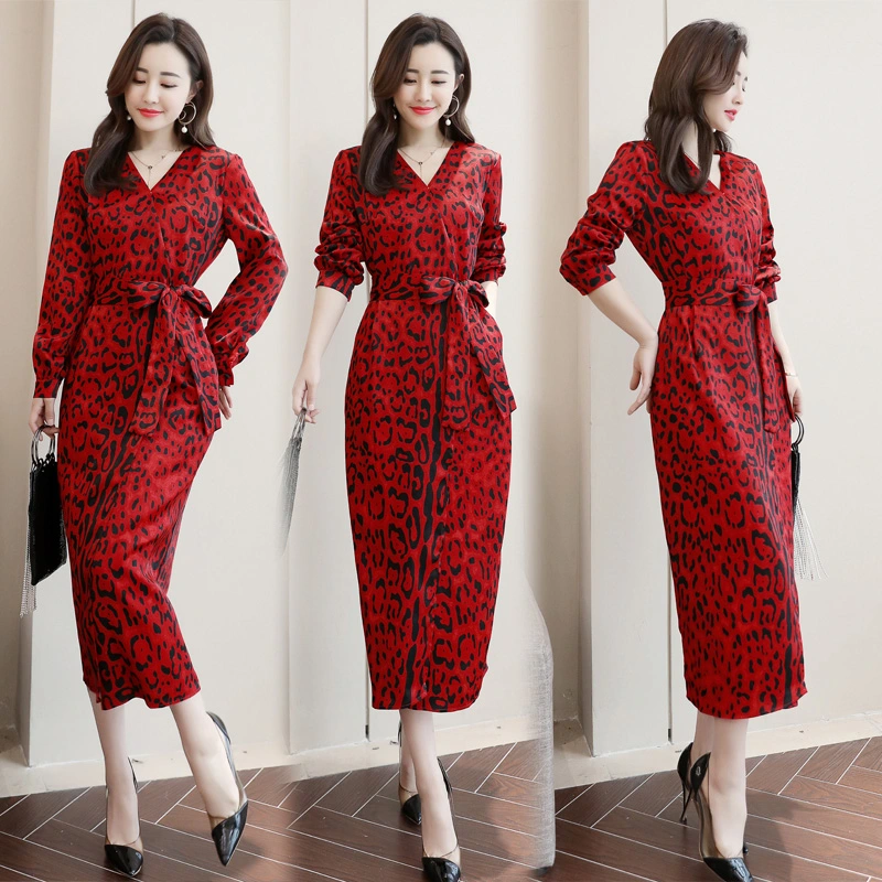 Red leopard print split dress