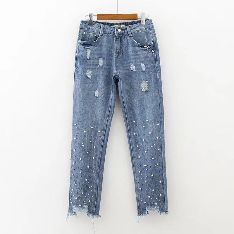 Beaded Ripped Denim Jeans