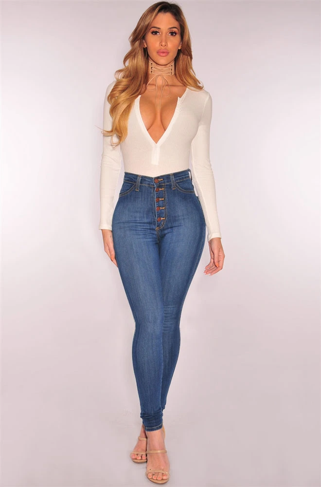 High-waist stretch slim denim pants