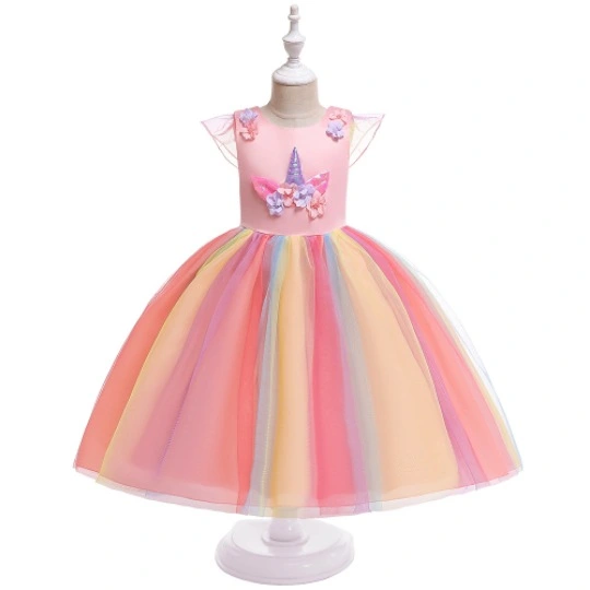 Princess Rainbow Mesh Unicorn Flower Girl Dress