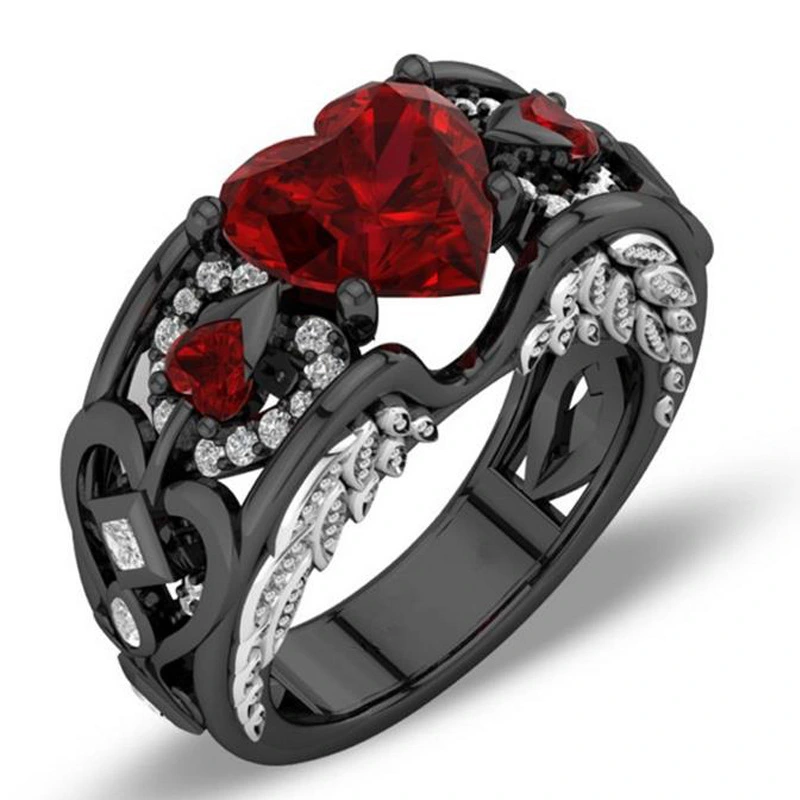 Creative design for the Zinc. Europe and the United States princess diamond ring heart-shaped ruby engagement lady black gold ring