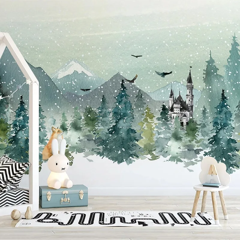 Hand painted castle forest animal kids room mural