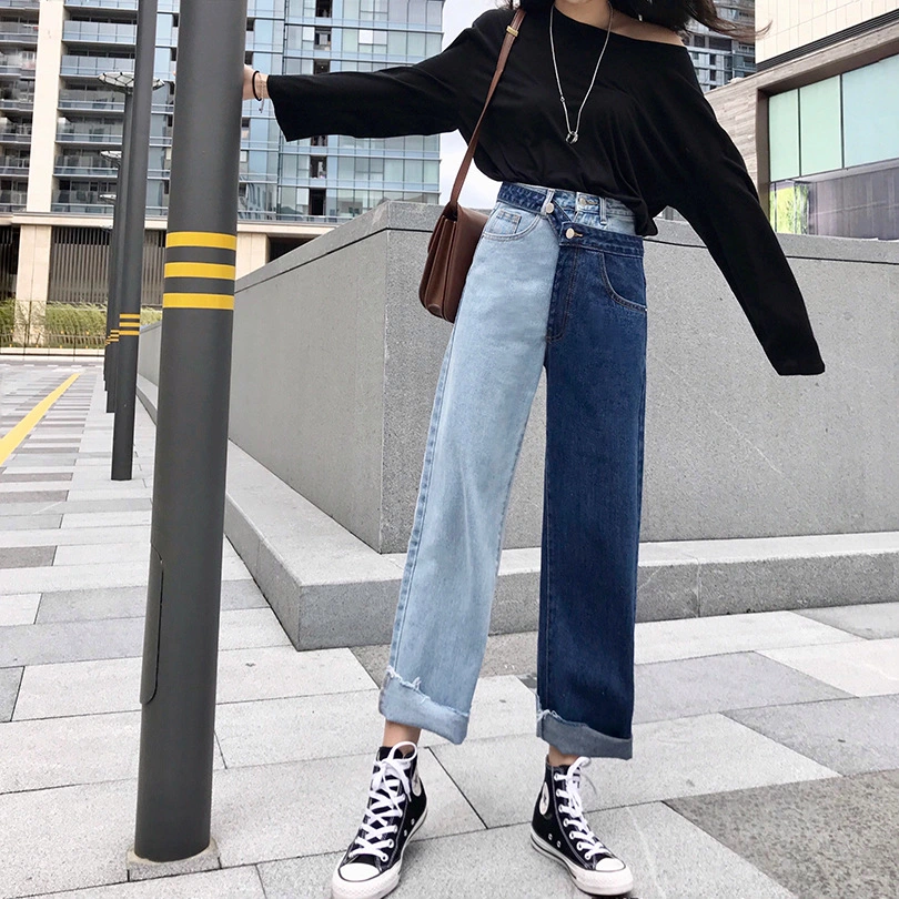 Spring fake two-color contrast stitching jeans Korean fashion new Hong Kong flavor straight nine pants women