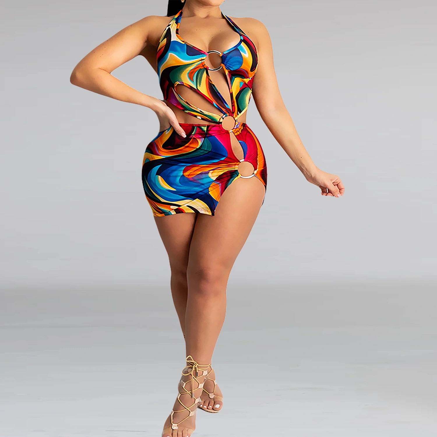 Open Back Waist Halter Neck Color Print Skirt