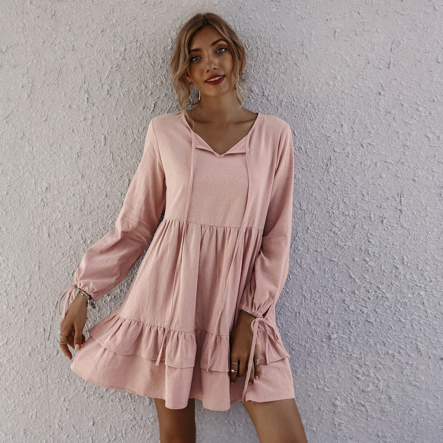 V-neck Tie big Flounce Dress Women's Clothing