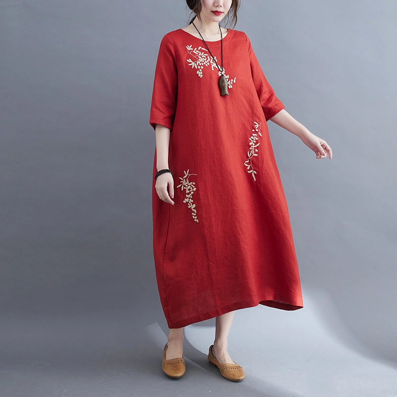 Cotton And Linen Plus Size Embroidered Solid Color Pullover Dress