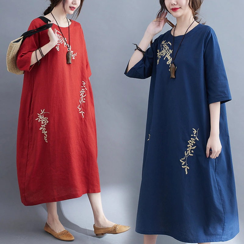 Cotton And Linen Plus Size Embroidered Solid Color Pullover Dress