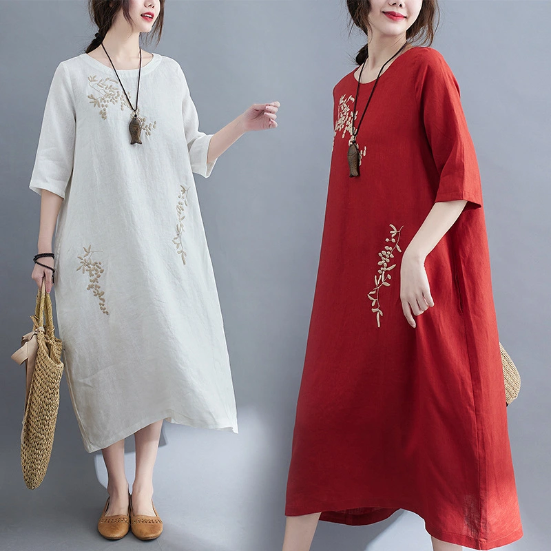 Cotton And Linen Plus Size Embroidered Solid Color Pullover Dress