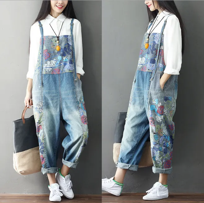 Women's Wide Leg Jeans Full Length Loose Denim Overalls Washed Print Ripped Hole Overalls