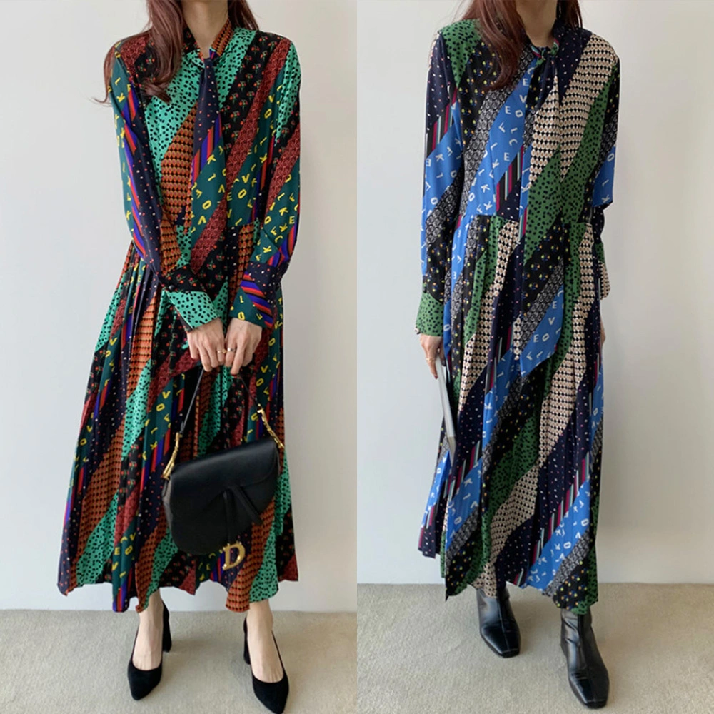 Vintage Twill Print Lace Pleated Long Dress