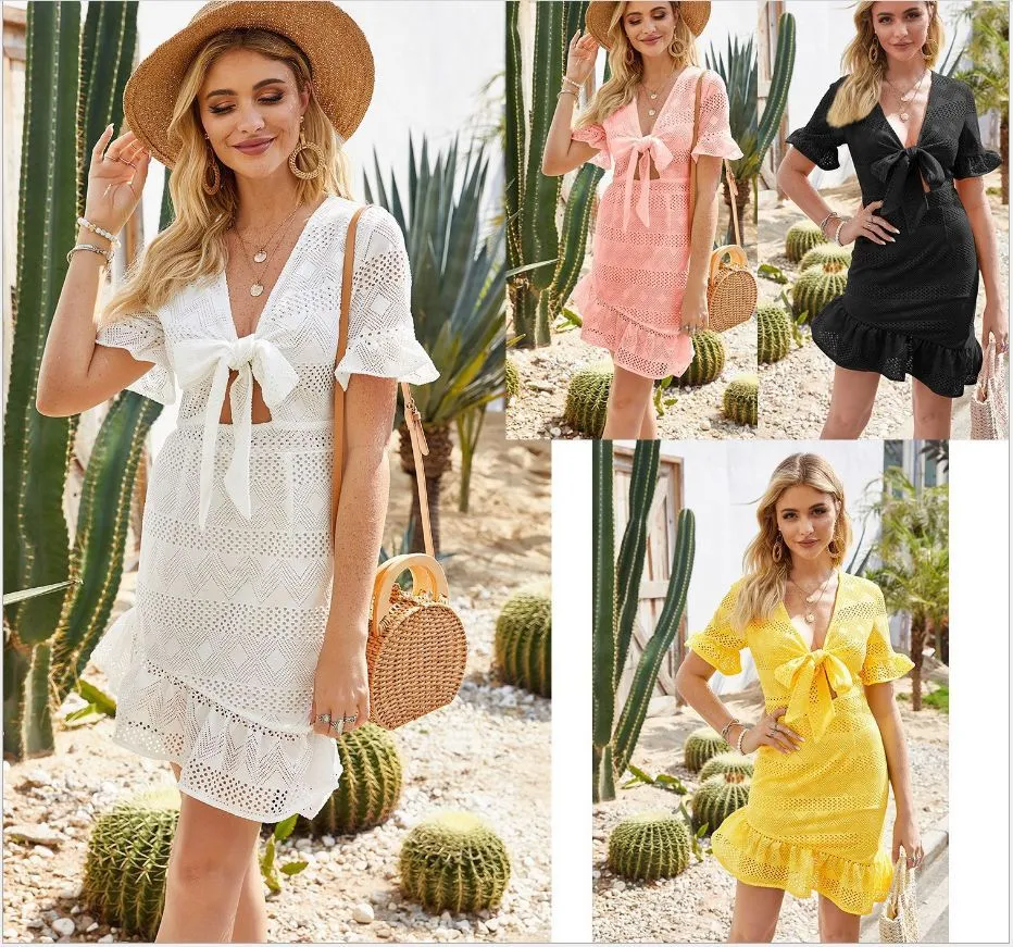Women's V Neck Short Sleeved Sexy Hollow Crochet Dress