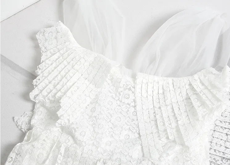 Pleated Lace Large Mesh Ribbon Dress