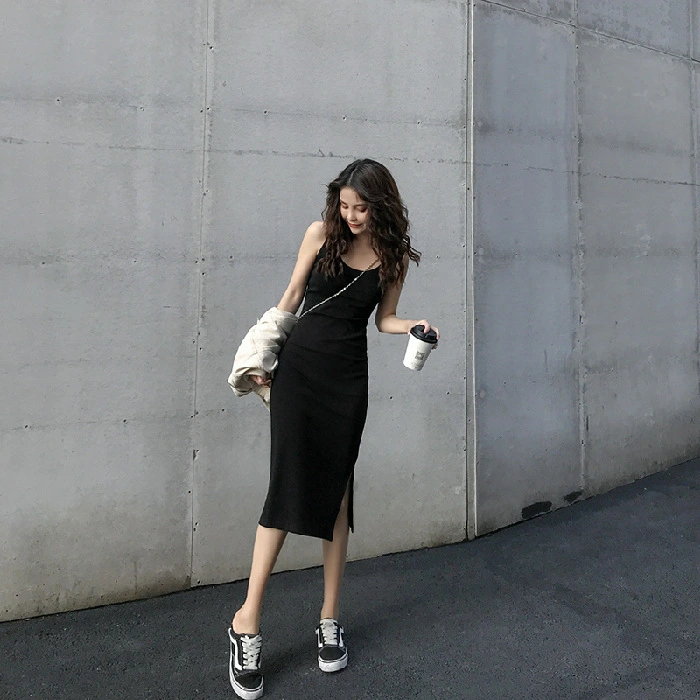 Women's Slit Mid-length Suspender Dress