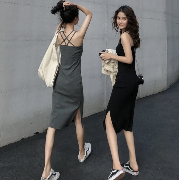 Women's Slit Mid-length Suspender Dress