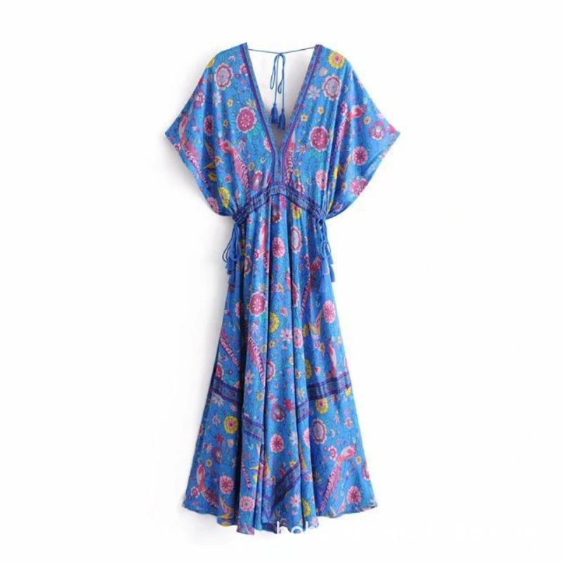 Peacock Print Double V-neck Fringed Lace-up Dress