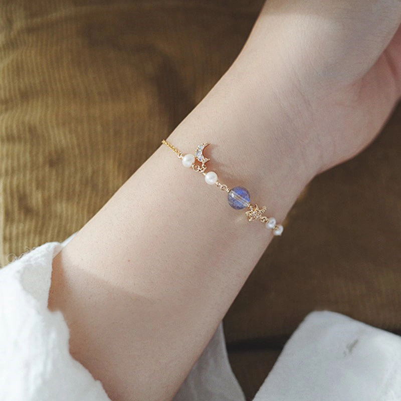 Zircon star moon pearl bracelet set in sterling silver