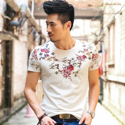 2021 summer ethnic short-sleeved T blood men's totem flower clothes male Korean version t-shirt tide men
