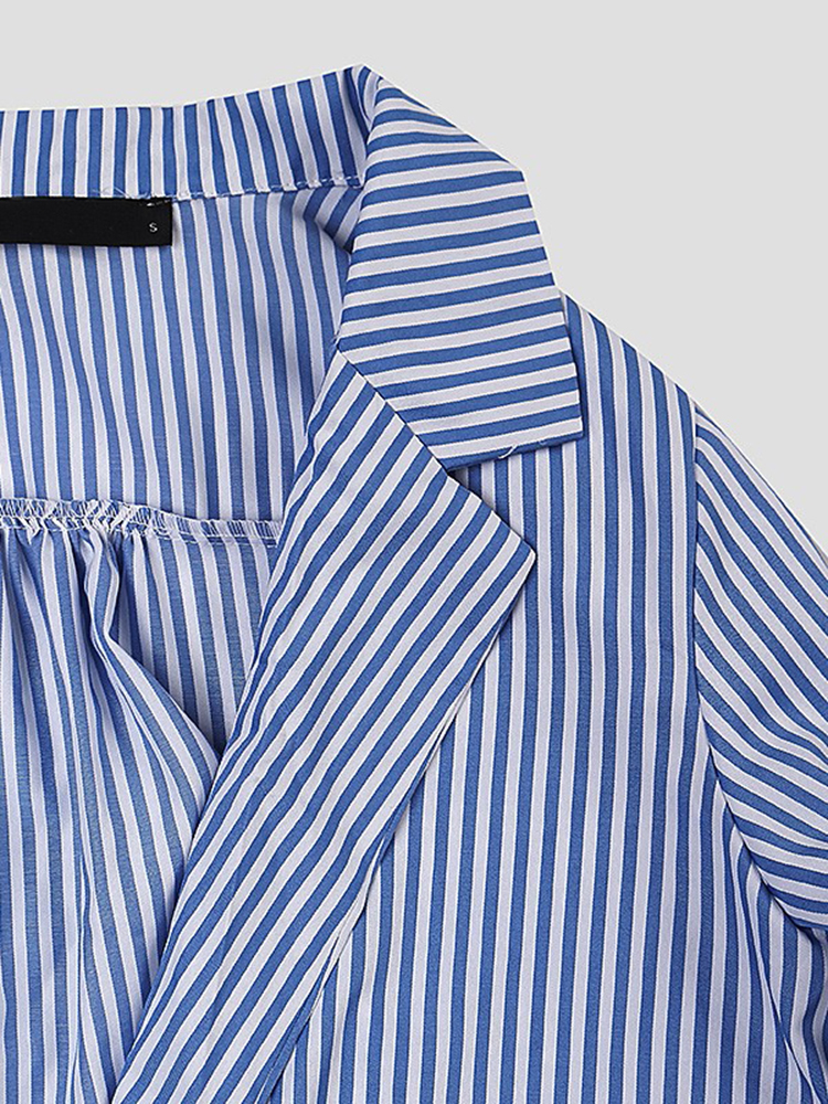 Casual Women Turndown Collar Adjustable Sleeve Side Split Striped Shirt Dresses