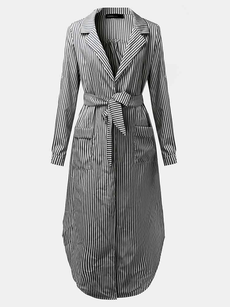 Casual Women Turndown Collar Adjustable Sleeve Side Split Striped Shirt Dresses