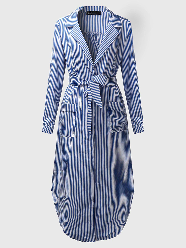 Casual Women Turndown Collar Adjustable Sleeve Side Split Striped Shirt Dresses