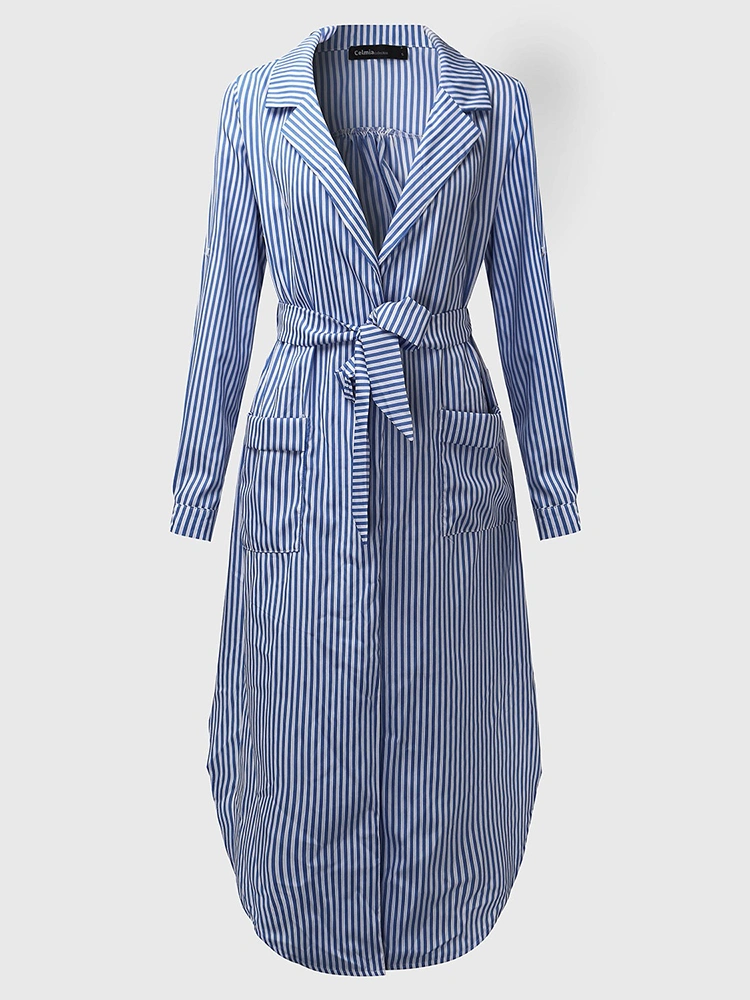 Casual Women Turndown Collar Adjustable Sleeve Side Split Striped Shirt Dresses