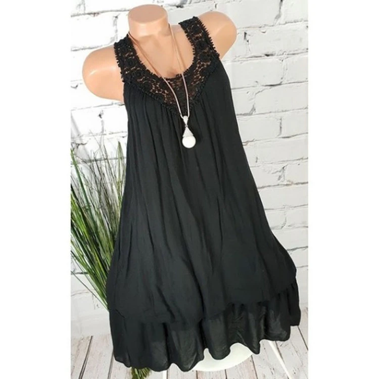 Openwork lace stitching sleeveless midi dress