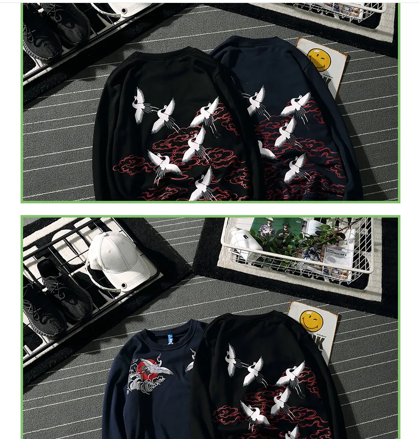 Embroidered sweater men and women crane retro pullover loose Harajuku