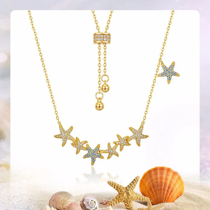 Blue tip gold starfish plastic bead buckle necklace